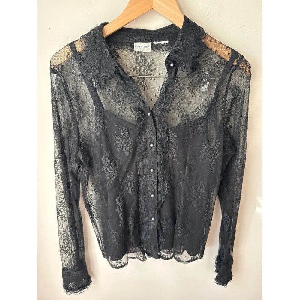 White Stag Black Sheer Lace Ruffle Blouse & Cami Medium